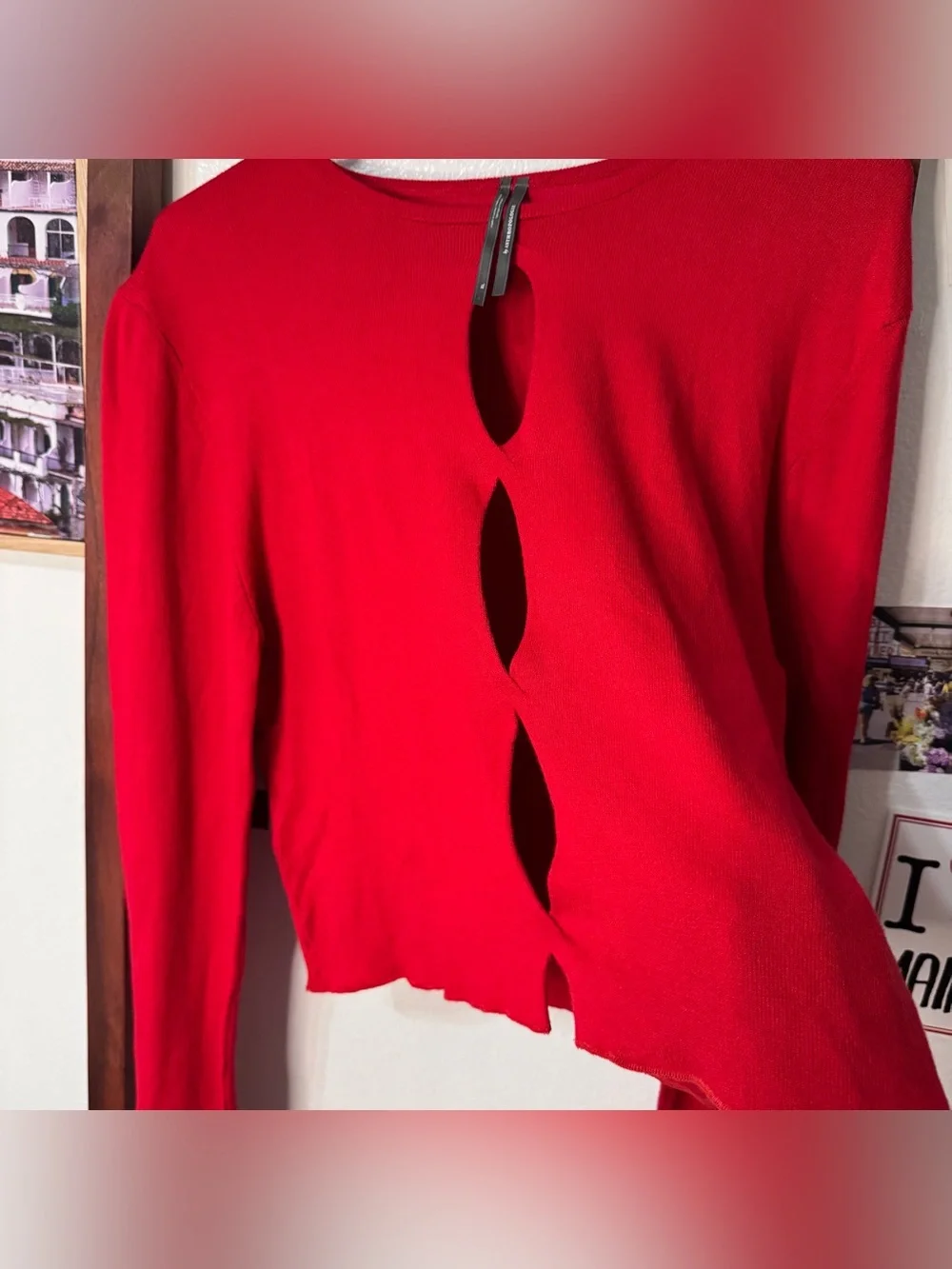 Anthropologie Twisted Cut-Out Sweater Red Knit Viscose Keyhole Long Sleeve Top